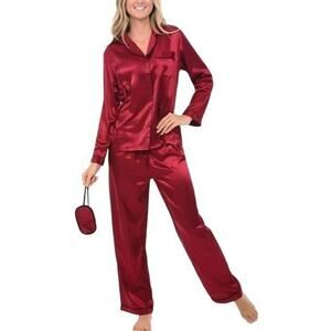 Alexander Del Rossa Burgundy Black Piping Satin Pajama Set Womens Large